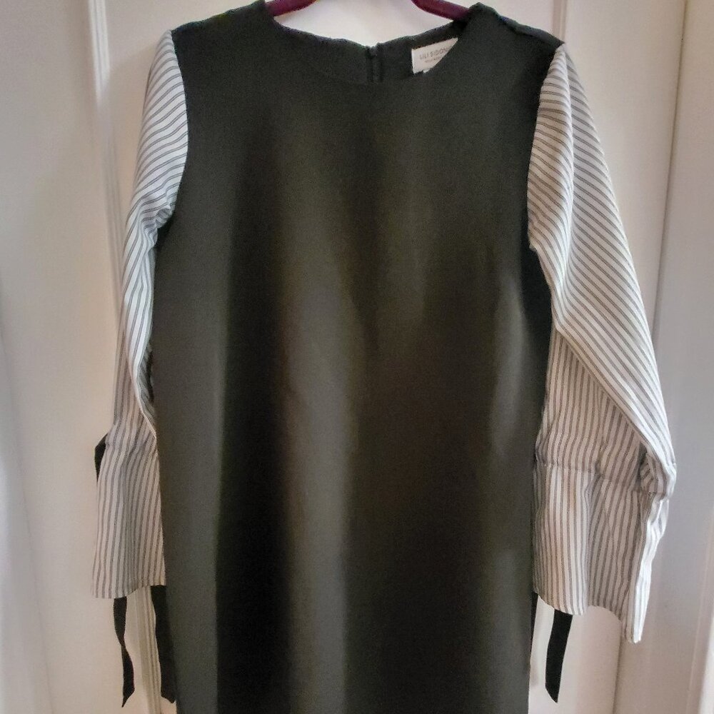 Lili Sidonio Molly Bracken Gray Mixed Media Shift Dress Striped Sleeve S